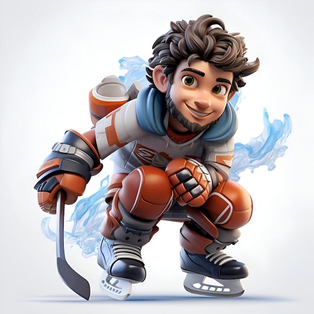 Zdjęcie ilustracja 3d postaci z kreskówki grającej w hokeja na lodzie z kijem hokejowym