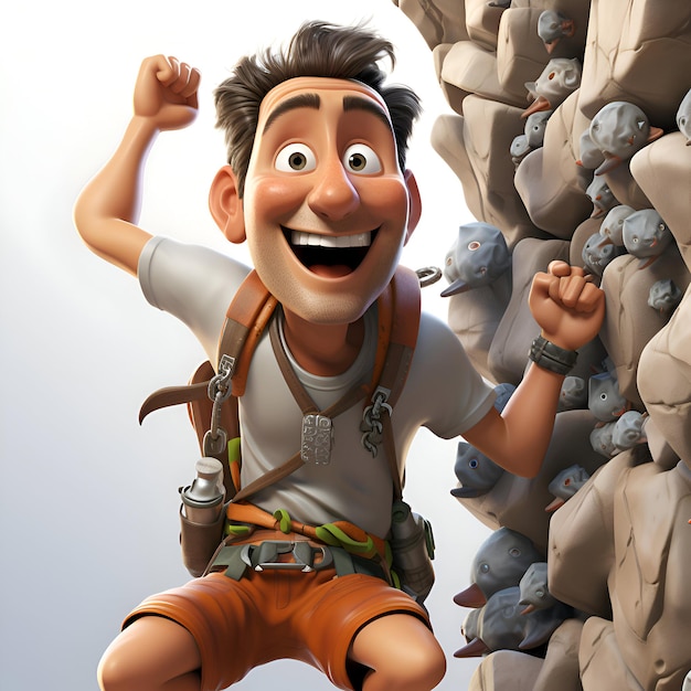 Zdjęcie ilustracja 3d postaci z kreskówki wspinającej się po ścianie skalnej z szczęśliwym wyrazem twarzy