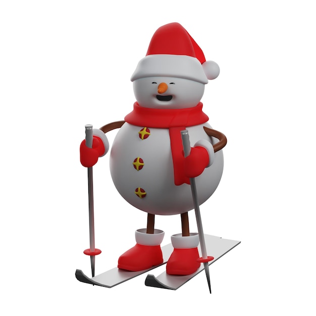 Ilustracja 3D Projekt 3D Cartoon Snowman Jazda na nartach zimą, pokazująca uroczą i zabawną twarz