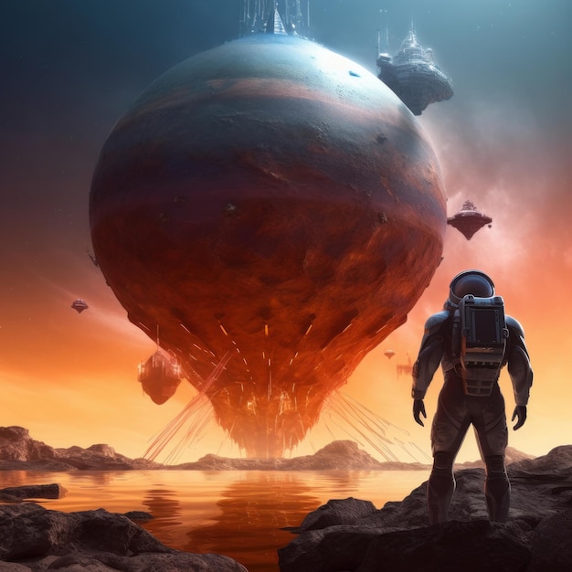 Ilustracja 3D przedstawia scenę science fiction, w której astronauta napotyka gigantyczny statek kosmiczny na obcym świecie znanym jako Planeta Starożytnych