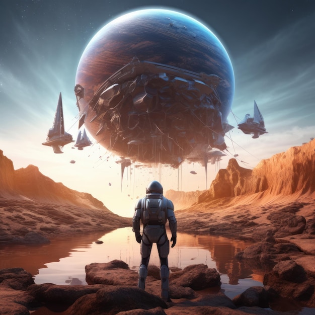 Ilustracja 3D przedstawia scenę science fiction, w której astronauta napotyka gigantyczny statek kosmiczny na obcym świecie znanym jako Planeta Starożytnych