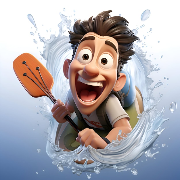 Ilustracja 3D przedstawiająca animowanego mężczyznę z kajakiem w wodzie