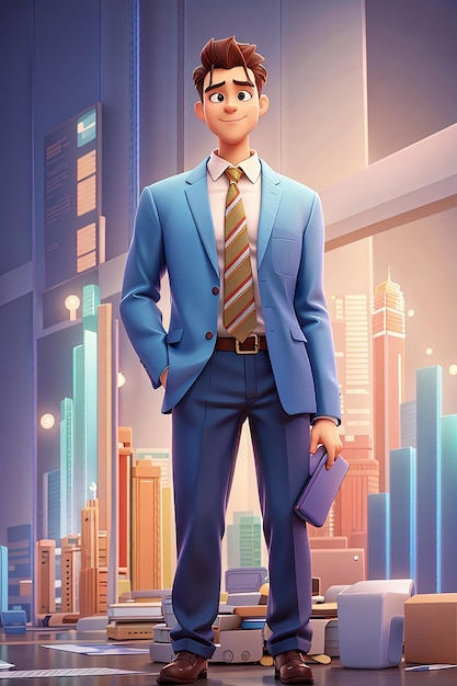Ilustracja 3D przedstawiająca biznesmena lub pracownika przedstawiającego zysk firmy na wykresie słupkowym