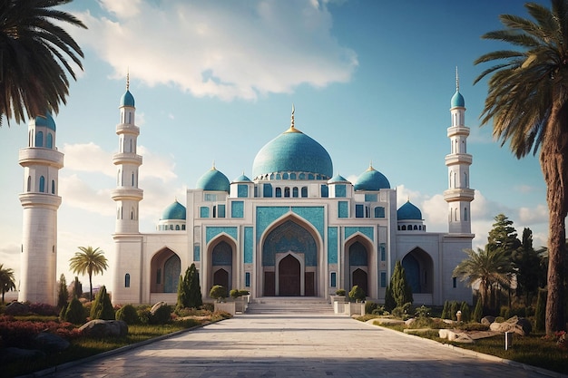 Ilustracja 3D przedstawiająca meczet z centralną bramą
