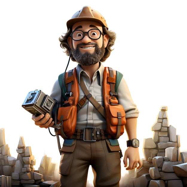 Ilustracja 3D przedstawiająca mężczyznę z plecakiem i aparatem
