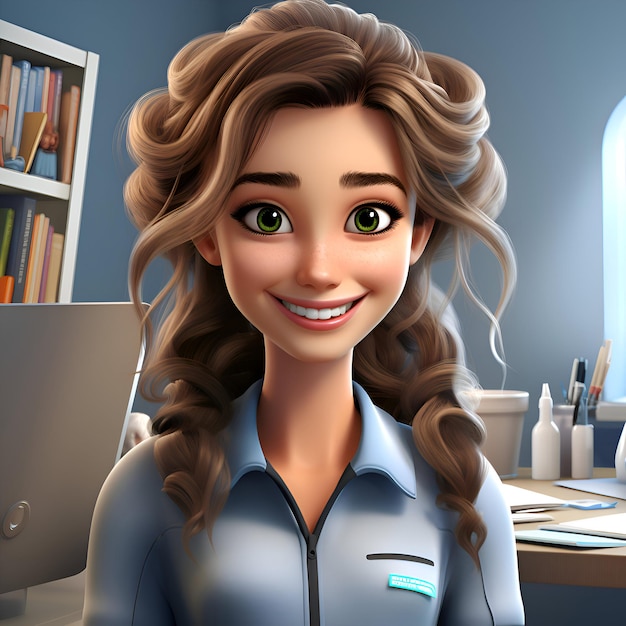 Ilustracja 3D przedstawiająca piękną młodą kobietę biznesu w nowoczesnym biurze