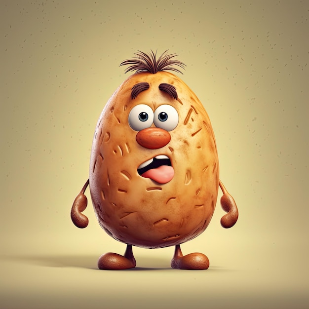 Ilustracja 3D przedstawiająca postać ziemniaka, która jest rysowana w stylu kreskówki AI Generated