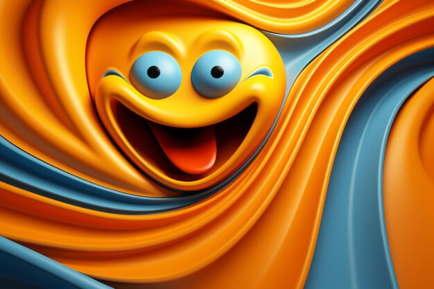 Zdjęcie ilustracja 3d przedstawiająca uśmiechniętą emocję na niebieskim i pomarańczowym tle