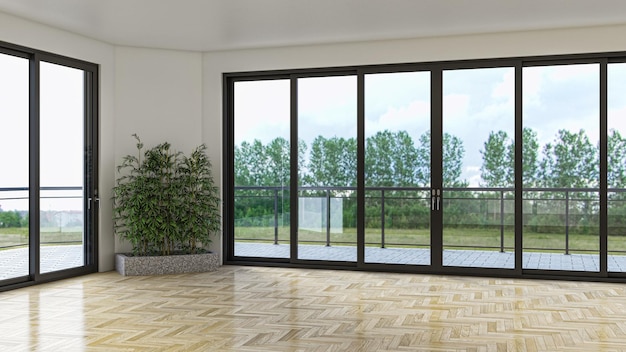 Ilustracja 3D rendering dużych luksusowych nowoczesnych jasnych wnętrz model salonu komputerowy cyfrowo generowany obraz