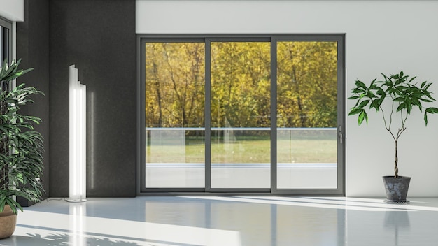 Ilustracja 3D rendering dużych luksusowych nowoczesnych jasnych wnętrz model salonu komputerowy cyfrowo generowany obraz