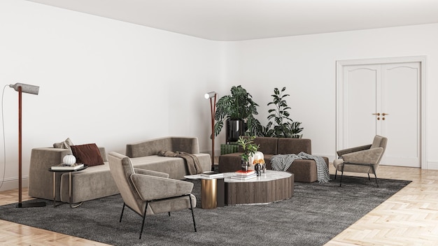Ilustracja 3D rendering dużych luksusowych nowoczesnych jasnych wnętrz model salonu komputerowy cyfrowo generowany obraz