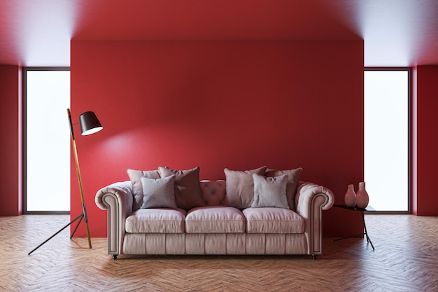 Ilustracja 3D rendering dużych luksusowych nowoczesnych jasnych wnętrz model salonu komputerowy cyfrowo generowany obraz