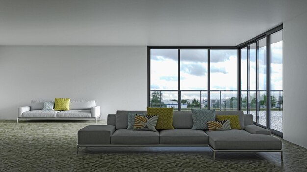 Ilustracja 3D rendering dużych luksusowych nowoczesnych jasnych wnętrz model salonu komputerowy cyfrowo generowany obraz