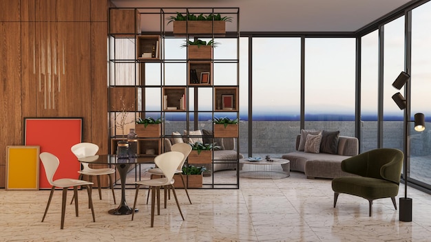 Ilustracja 3D rendering dużych luksusowych nowoczesnych jasnych wnętrz model salonu komputerowy cyfrowo generowany obraz