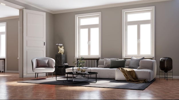 Ilustracja 3D rendering dużych luksusowych nowoczesnych jasnych wnętrz model salonu komputerowy cyfrowo generowany obraz