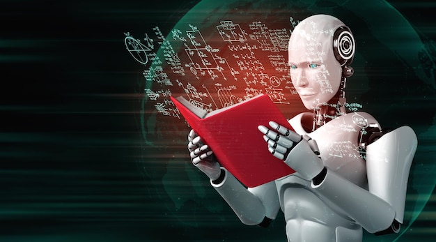 Ilustracja 3d Robota Humanoidalnego Czytającego Książkę I Rozwiązującego Matematykę