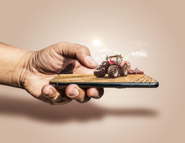 Ilustracja 3D Rolnik posiadający mobilną autonomiczną rzeczywistość ciągnika w rolnictwie Inteligentne gospodarstwo