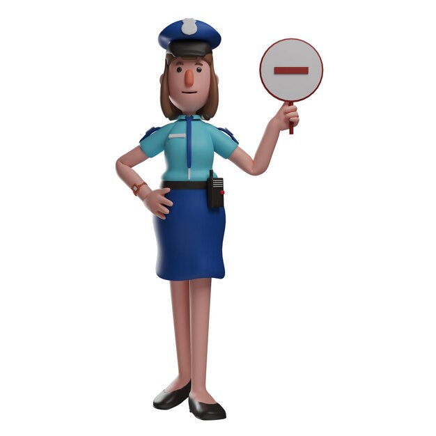 Ilustracja 3D Rysunek kreskówkowy postaci 3D Policjantki trzymającej znak Stop z rękami na biodrach