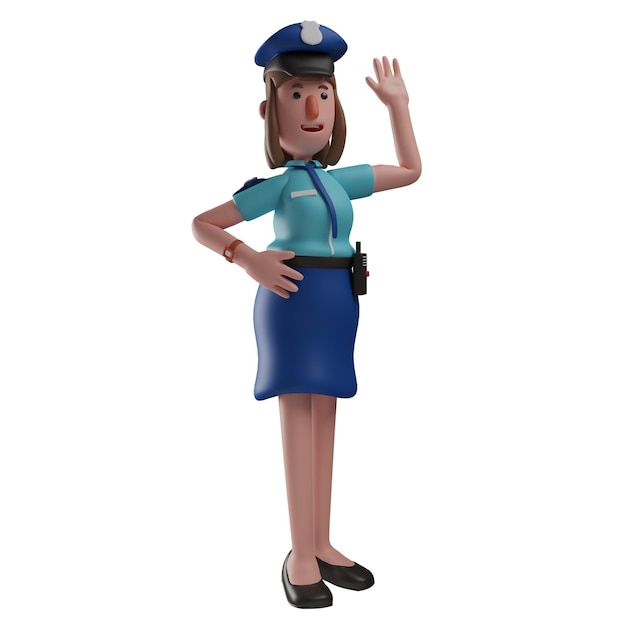 Ilustracja 3D Słodki 3D Policjantka postać Cartoon Design macha ręką z rękami pokazującymi biodra