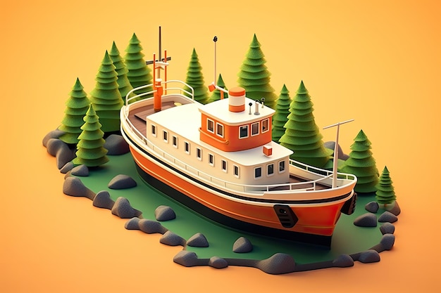 ilustracja 3D uproszczona łódź rzeka