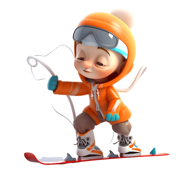 Ilustracja 3D uroczej małej narciarki z kaskiem i goglami