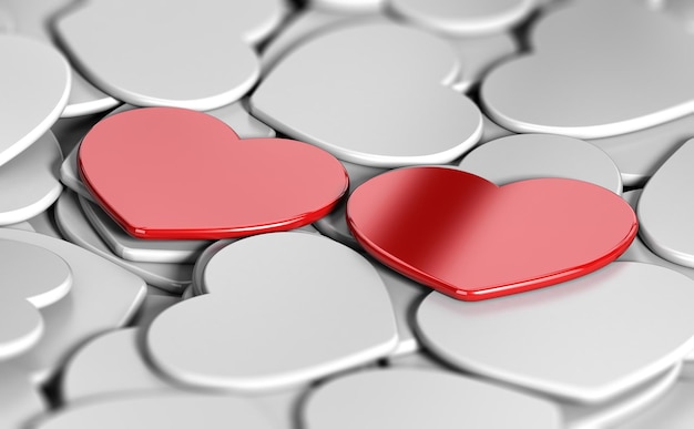 Zdjęcie ilustracja 3d wielu białych kształtów serca i dwóch czerwonych obok siebie. abstrakcyjna koncepcja kojarzeń miłosnych