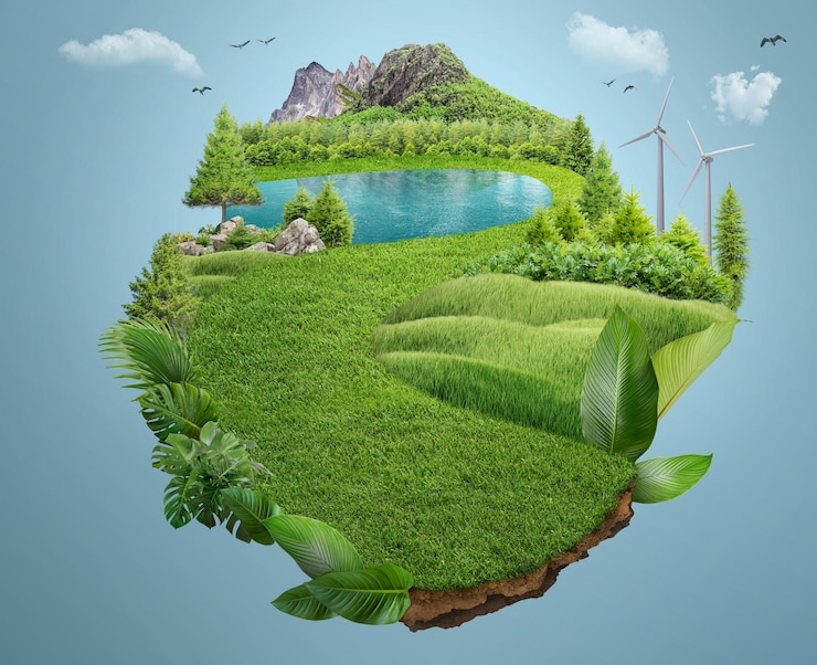 Zdjęcie ilustracja 3d wycieczki po trawie. koncepcja ekologicznego projektu drzew na wyspie