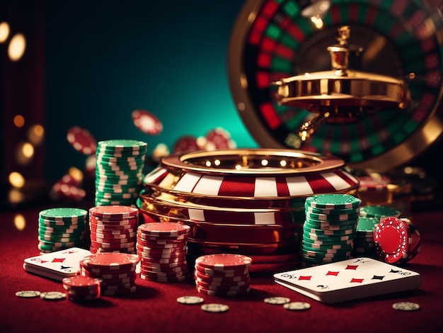 Ilustracja 3D z dynamicznym tłem gry kasynowej i kartami do ruletki i pokera