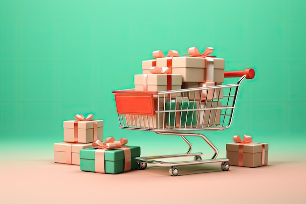 Ilustracja 3D zakupów online z torbami i pudełkami na miętowej zielonej ścianie