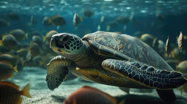 Ilustracja 3D żółwia w czystym morzu