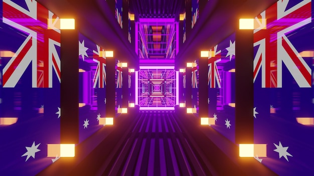 Ilustracja 4k Uhd 3d Przedstawiająca Symetryczny Tunel Z Jasnym Neonowym Oświetleniem I Flagami Australii Na ścianach