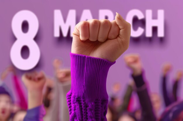 Ilustracja 8 marca Międzynarodowy Dzień Kobiet Z podniesionymi pięściami fioletowych kolorów