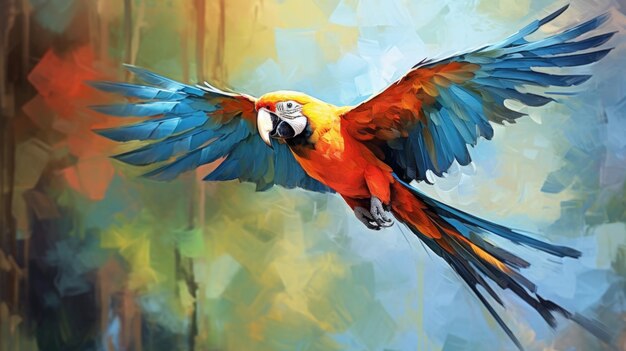 Ilustracja abstrakcyjna malarstwo oleiste papuga ara ptak latający w tropikalnej dżungli obraz generowany przez sztuczną inteligencję