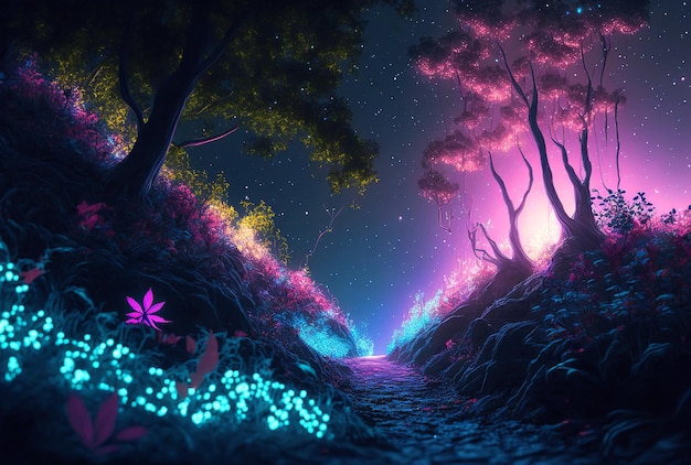 Ilustracja abstrakcyjnego krajobrazu fantasy z kryształami i świecącą ścieżką w lesie Generative AI