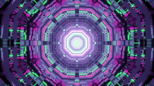 Ilustracja Abstrakcyjnego Tła Geometrycznego Tunelu Z Okrągłymi Kształtami świecącymi Neonowym Oświetleniem