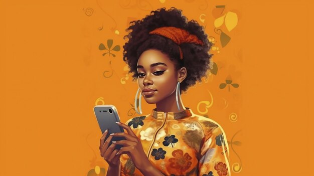 Ilustracja afroamerykańska dziewczyna korzystająca z aplikacji mobilnej