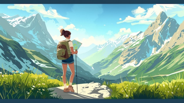 Ilustracja aktywności rekreacyjnej na świeżym powietrzu młodej kobiety wędrującej w górskiej dolinie Nowoczesna ilustracja młodej kobiety podróżującej z plecakiem i mapą piękny zielony krajobraz niebieski