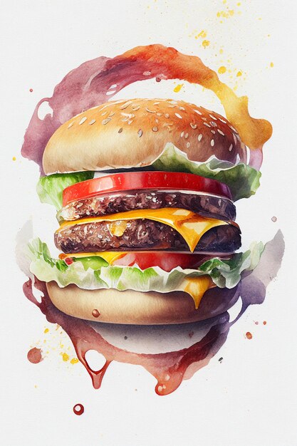 Ilustracja akwarela burger wołowy Koncepcja fast food