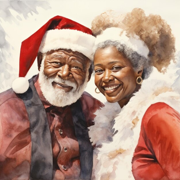 Ilustracja akwarelowa afroamerykańskiego pana i pani Claus na białym tle