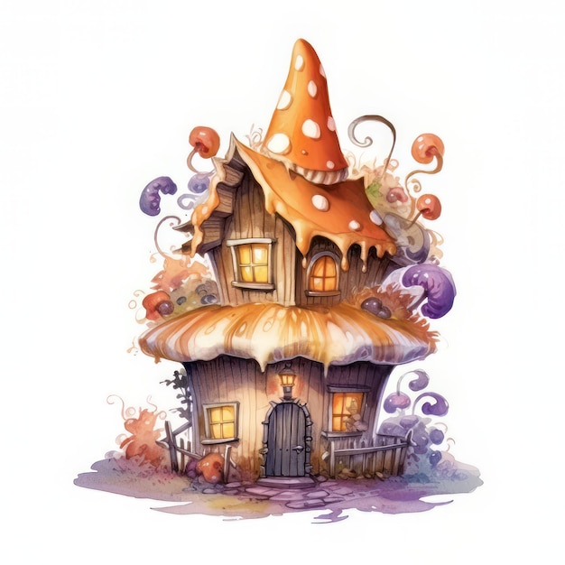 Ilustracja akwarelowa bajkowego domu z słodkim babeczkiem halloween