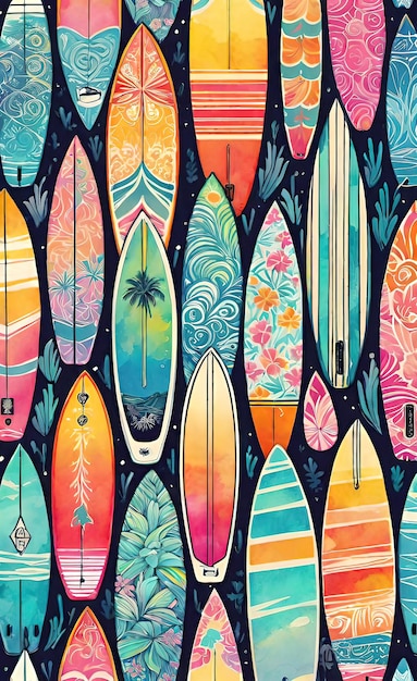 ilustracja akwarelowa Bezszwowy jasny wzór z deskami do surfowania do projektowania koncepcji aktywności na świeżym powietrzu