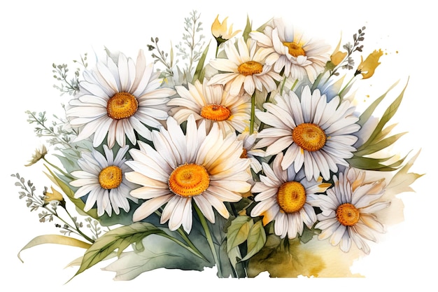 ilustracja akwarelowa bukiet kwiat margaretki na białym tle klipart biały rumianek do projektowania