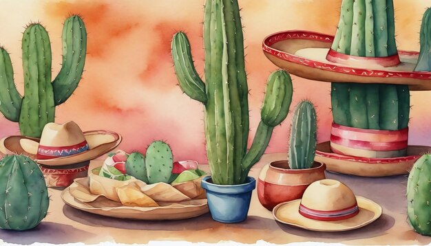 Ilustracja akwarelowa Cinco De Mayo na tle z kaktusem i sombrero na stole
