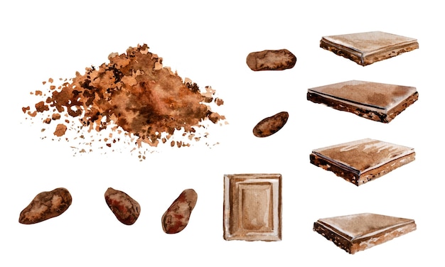 Ilustracja akwarelowa czekolada kakao składniki kawałki czekolady rysunek ręczny