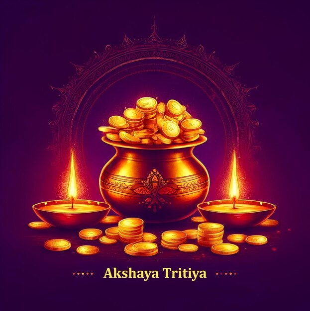 Ilustracja akwarelowa dla akshaya tritiya z garnkiem przepełnionym złotymi monetami