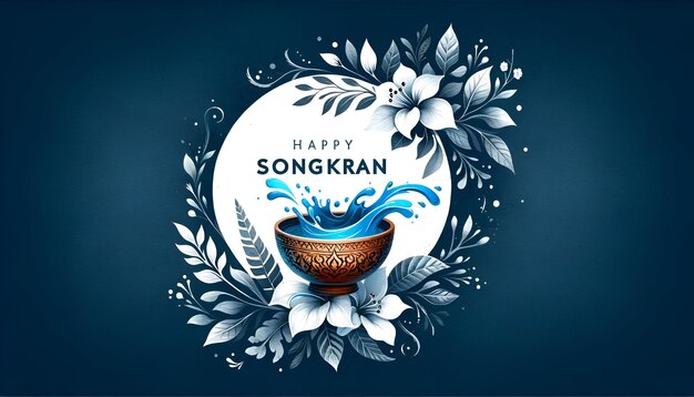 Zdjęcie ilustracja akwarelowa dla festiwalu songkran ze stylizowanym rozpryskiem wody i glinianą miską