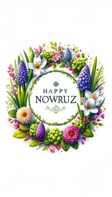 Ilustracja akwarelowa dla nowruz z wieńcem pięknych kwiatów wiosennych