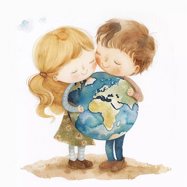 Ilustracja akwarelowa dwóch dzieci uściskających planetę Ziemię Dzień Ziemi
