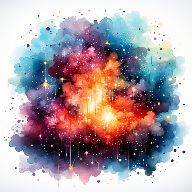 Zdjęcie ilustracja akwarelowa fajerwerków niebiańskie wybuchy abstrakcyjnych elementów i cząstek
