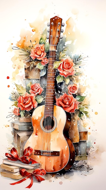 Ilustracja akwarelowa gitary akustycznej na abstrakcyjnym białym tle kwiatowym